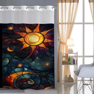 Detail of artistic celestial shower curtain with durable metal grommets for bathroom