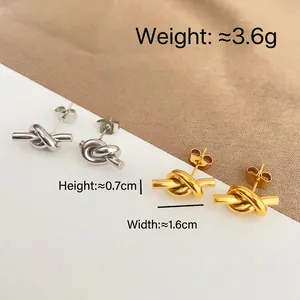 Minimalist stainless steel knot stud earrings in gold and silver finishes for women