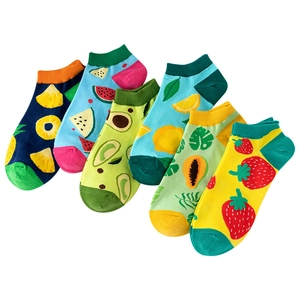Pack of 5 pairs of colorful women's low-cut socks with cute fruit patterns on white background