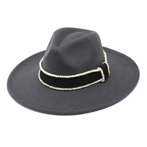 Detail view of the wide brim dark gray wool fedora hat with elegant pearl beaded band decor