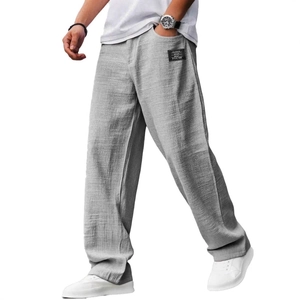 Pantaloni casual grigio chiaro da uomo con coulisse, ricami e trama in cotone lino
