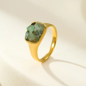 French vintage stainless steel gold ring with irregular green natural stones inlay