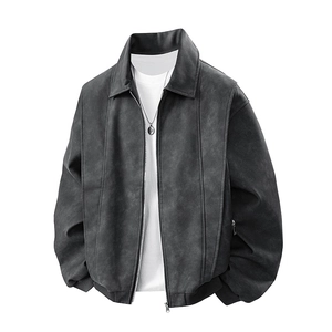 Vintage dark gray 3D embroidered leather jacket with ribbed cuffs and stand collar