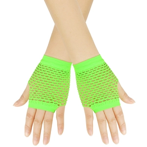 Macro shot of neon green fishnet gloves with coarse mesh texture and fingerless design