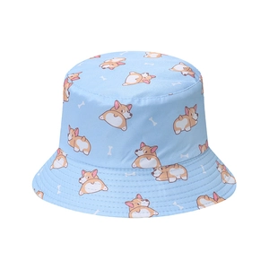 Light blue bucket hat featuring cute cartoon Corgi prints and bone patterns for sun protection
