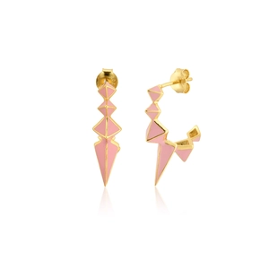 Macro view of geometric pink enamel spike earrings with S925 gold plating finish