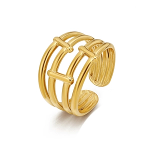 Polished 18k gold plated stainless steel multi-layer hollow open adjustable ring