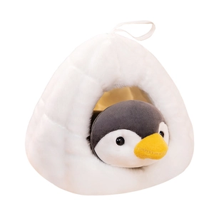 Cute plush penguin doll with white igloo house set on a pure white background