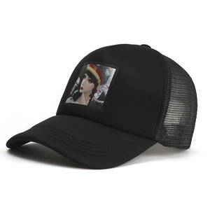 Classic black trucker hat with mesh back and anime portrait patch on front panel