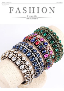 Detailed view of padded baroque headbands with vibrant crystal gems in four colors