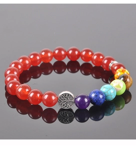 Detailed view of Tree of Life charm bracelet with red beads and rainbow stones