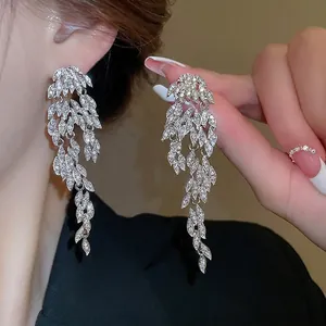 Shiny Leaf Tassel Dangle Earrings Rhinestone Inlaid Alloy Jewelry With 925 Sterling Silver Earring Post For Women Party