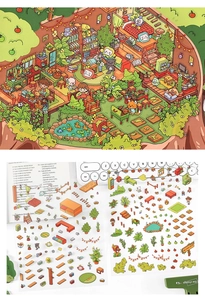 Macro detail of hand-drawn 2.5D tree house landscape stickers for DIY scrapbooking