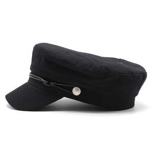 Retro black cotton fiddler cap for women with woven rope and textured metal button