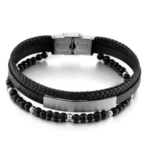 Men Multi Layer Bracelet Stainless Steel Woven Leather Beads Wristband Punk Style Jewelry Accessories