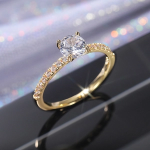 Elegant 18K gold-plated engagement ring with round zircon and sparkling pave setting