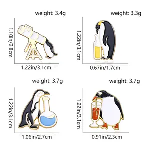 Size chart showing dimensions and weight for four enamel penguin lapel pins