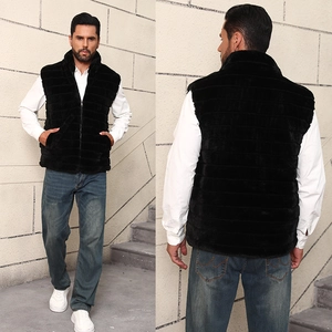 Men Faux Fur Vest Stand Collar Zipper Thick Winter Warm Casual Waistcoat Sleeveless Jacket Black