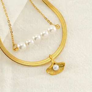 Double Layered Necklace Set Stainless Steel 18K Gold Plated Ginkgo Leaf Pendant Artificial Pearl Snake Bone Chain For Women