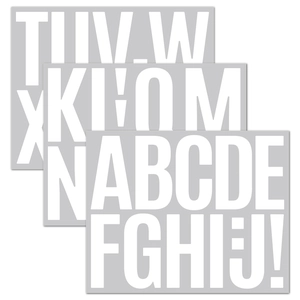 Close-up of white 3-inch waterproof letter stickers with crisp fonts on gray backing