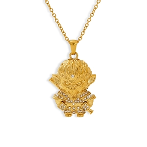 Detail of 18K gold-plated Sun Wukong pendant necklace with sparkling crystal inlay