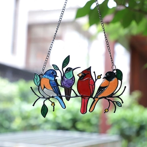 Bird Suncatcher Hanging Ornament Metal Alloy Stained Glass Style Window Wall Art Decor Colorful Birds On Branch Artistic Pendant