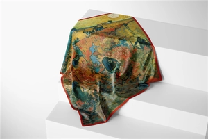 Detail of silk scarf with Van Gogh Sower oil painting print and red hemmed edges