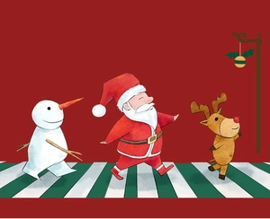 Detailed Christmas theme illustration with Santa, snowman and reindeer on red background