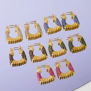 14K gold plated titanium steel bamboo hoop earrings with colorful zircon stones set