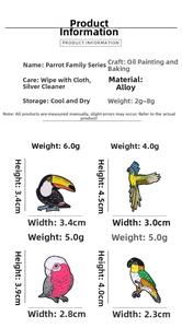Detailed size and weight specs for colorful enamel parrot and toucan alloy brooches