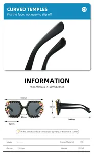 Detailed size chart and technical specifications for square rhinestone oversized sunglasses