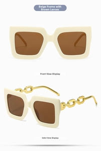 Detailed front and side views of oversized cream square sunglasses with gold chain temples