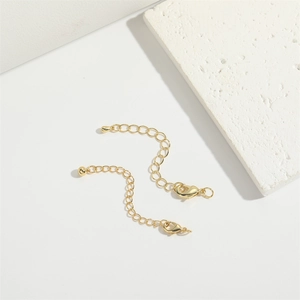 Pair of gold lobster clasps with minimalist extension chains on white background