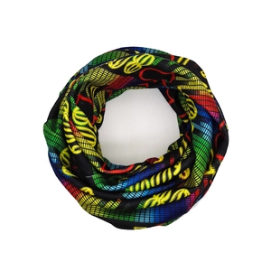 Detail of black sports neck gaiter with rainbow equalizer waves and yellow typography