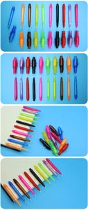 Macro view of ten colorful invisible UV light markers displayed on a blue background