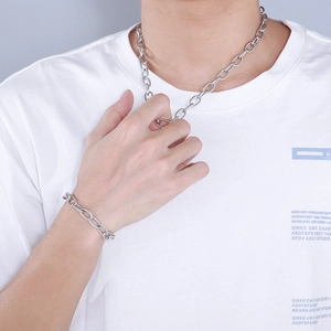 Men's 9mm stainless steel O-link chain necklace and bracelet set in polished silver tone