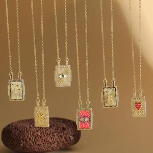 Evil Eye Heart Moon Pendant Necklace Copper Zircon Enamel Dainty Tarot Style Rectangle Clavicle Chain For Women