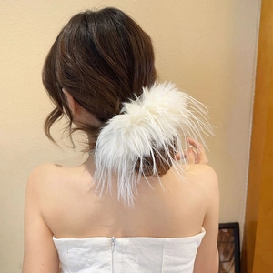 Chouchou géant blanc en plumes artificielles, élastique à cheveux pelucheux pour femmes