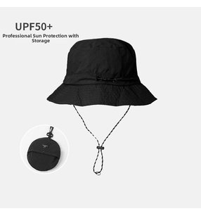 Detail view of foldable waterproof sun hat with UPF 50 plus protection and storage pouch