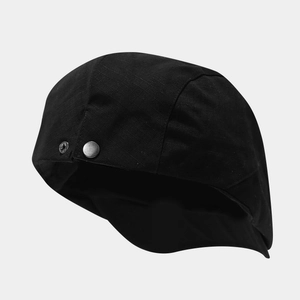 Quick-dry black flat cap with ear flaps and metal buckle in a minimalist techwear style