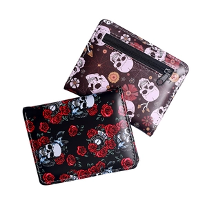 Gothic Skull Print Bifold Wallet PVC Leather Short Card Holder With Zipper Coin Pocket For Men Women