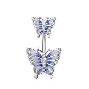 Macro detail of blue enamel butterfly belly ring with sparkling zircon stones