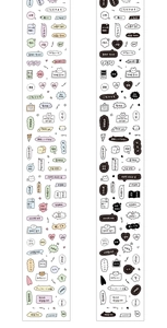 Macro view of decorative stickers with handwritten phrases and heart illustrations