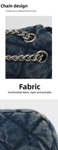 Detail of denim quilted bag showing silver chain strap and washed fabric texture