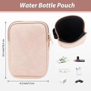 Beige water bottle pouch accessory showing 6.5x4.3 inch dimensions and storage capacity