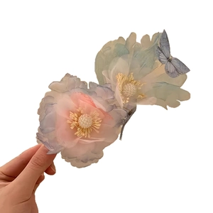 Elegant mesh flower hair clip with pearls and blue butterfly, romantic floral accessory