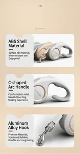 Detail view of ABS shell C-shaped handle and aluminum buckle on retractable dog leash