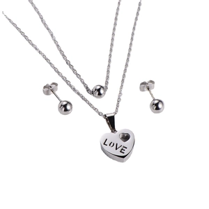 Silver titanium steel jewelry set with double-layer love heart necklace and stud earrings