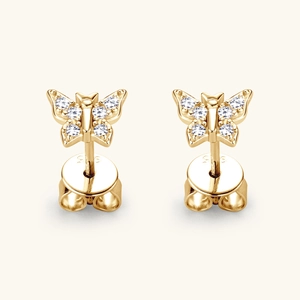 Elegant gold butterfly S925 silver stud earrings with sparkling zircon gemstones