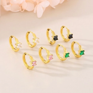 Stainless Steel Hoop Earrings Geometric Square Glass Inlaid Huggie For Women Fashion Retro Jewelry